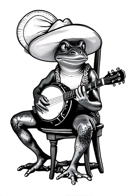 frog playing the banjo wearing a brazillian haret. the frog is sit on a chair. tattoo design idea