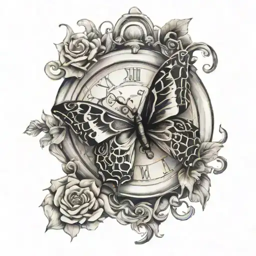 butterfly with clock melting tattoo design idea