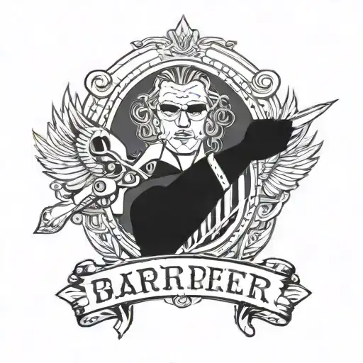 tattoo on the left upper chest connecting to the shoulder. black and white with gray accents with elements of: barber sc tattoo design idea