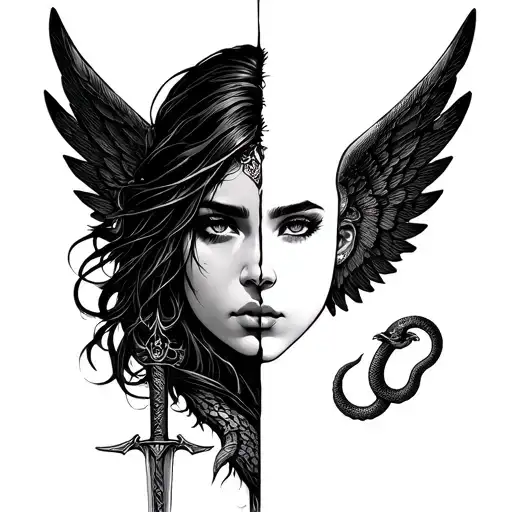 female face crom front cut in half and other side a wing with snake and sword tattoo design idea