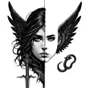 female face crom front cut in half and other side a wing with snake and sword tattoo design idea