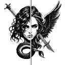 female face crom front cut in half and other side a wing with snake and sword tattoo design idea