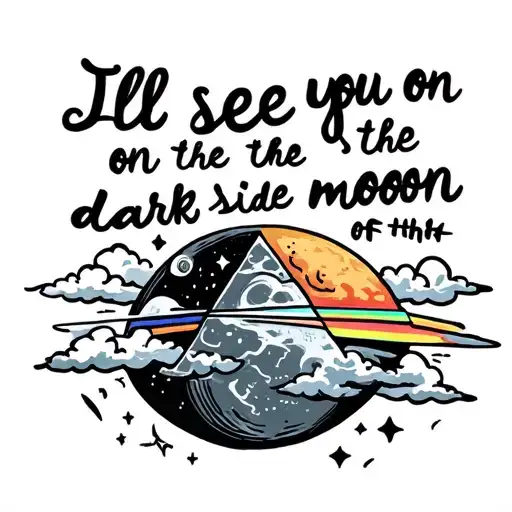 script saying "I'll see you on the dark side of the moon" with a dark side of the moon and small amount of cloud  tattoo design idea
