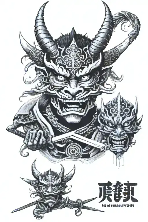 On one side, half a mask representing a samurai demon, and on the other, a samurai sword dragon mask. tattoo design idea