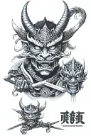 On one side, half a mask representing a samurai demon, and on the other, a samurai sword dragon mask. tattoo design idea