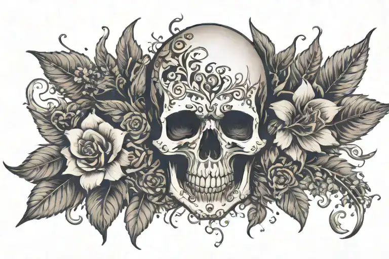 An intricate tattoo design of a skull surrounded by various poisonous plants like deadly nightshade and wolfsbane, with a lava lamp glowing in the background tattoo design idea