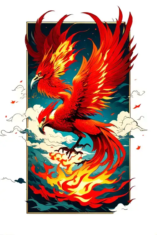 A red phoenix with feathers on fire falling to the ground  tattoo design idea