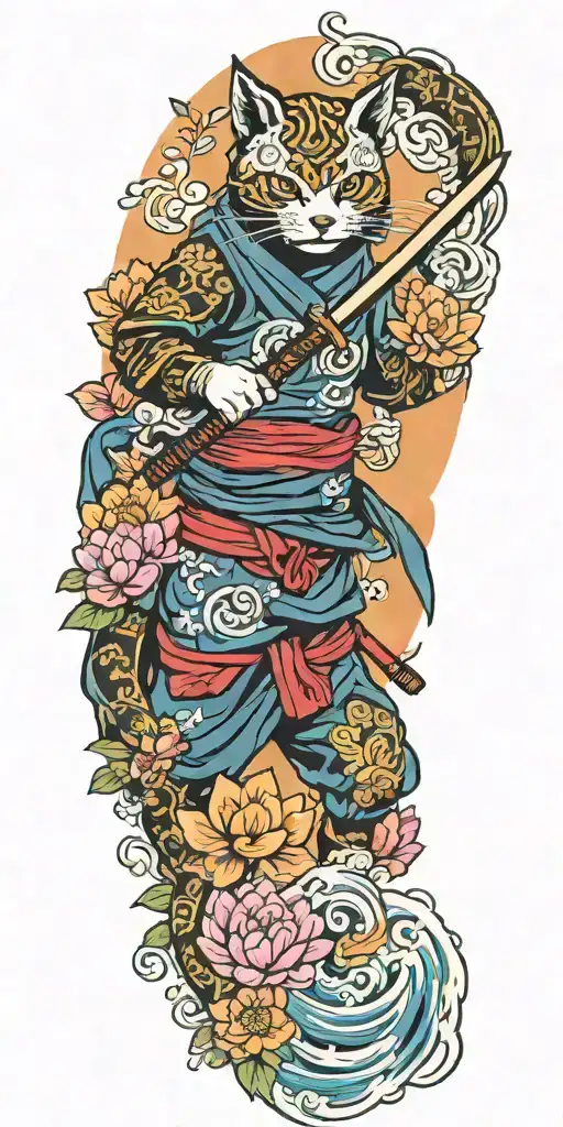 ninja cat holding katana, tail, water, waves, lotus, sakura, clouds, whirlpool, leaves, peony, sea, sunrise tattoo design idea