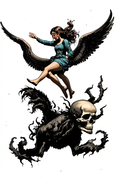 skull with wings carrying a girl up into a sky of bright happiness away from a demon filled hell down below tattoo design idea