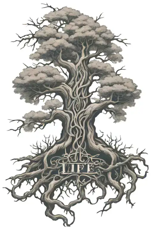 a back tattoo of Yggdrasil in the middle of the back with the roots going down to the but. the word life in norse ruins  tattoo design idea