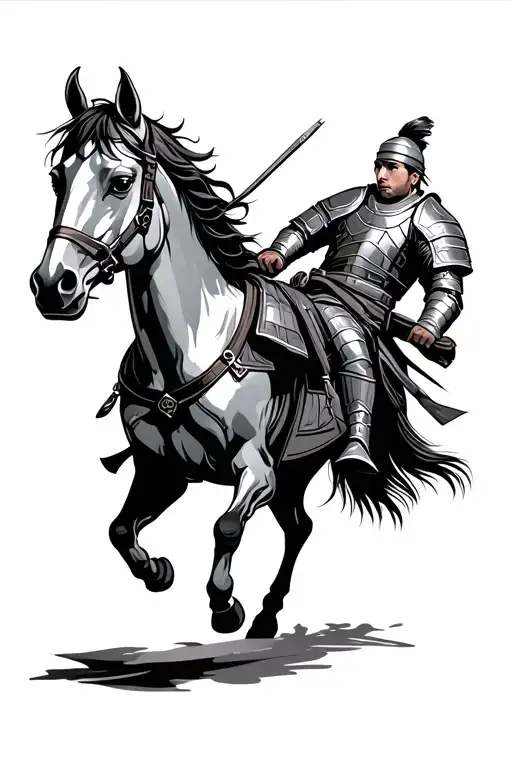 Asian war horse galloping with armor with warrior tattoo design idea
