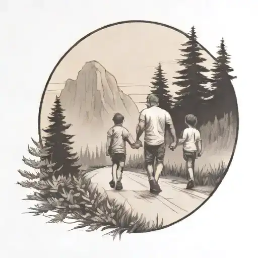 father in the middle holding hands with two kids walking down the road with forest and cliffs in background tattoo design idea