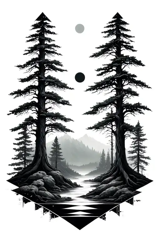 bio mechanical forest landscape symbolizing strength and resilience trippy geometric DMT LSD psylocibin  tattoo design idea