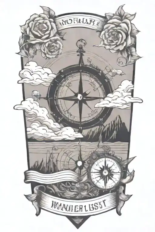  The quote;**"Not all who wander are lost"** surrounded by a compass, rose, waves, mountains and travel icons. tattoo design idea