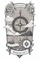  The quote;**"Not all who wander are lost"** surrounded by a compass, rose, waves, mountains and travel icons. tattoo design idea