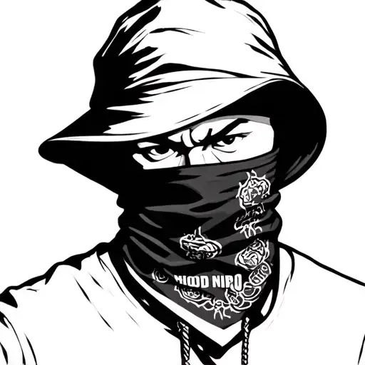 black and white face, rice hat, bandanna covering face with HOOD NINJA BBQ in it  tattoo design idea