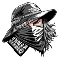 black and white face, rice hat, bandanna covering face with HOOD NINJA BBQ in it  tattoo design idea