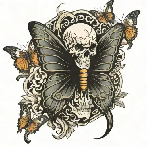 skull and bones butterfly flying tattoo design idea