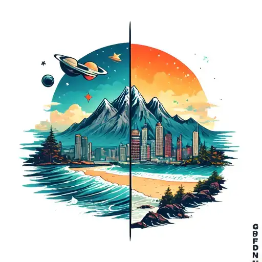 divided into 4 separate. but creatively, a theme of space, city, mountains and beach tattoo design idea