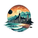 divided into 4 separate. but creatively, a theme of space, city, mountains and beach tattoo design idea