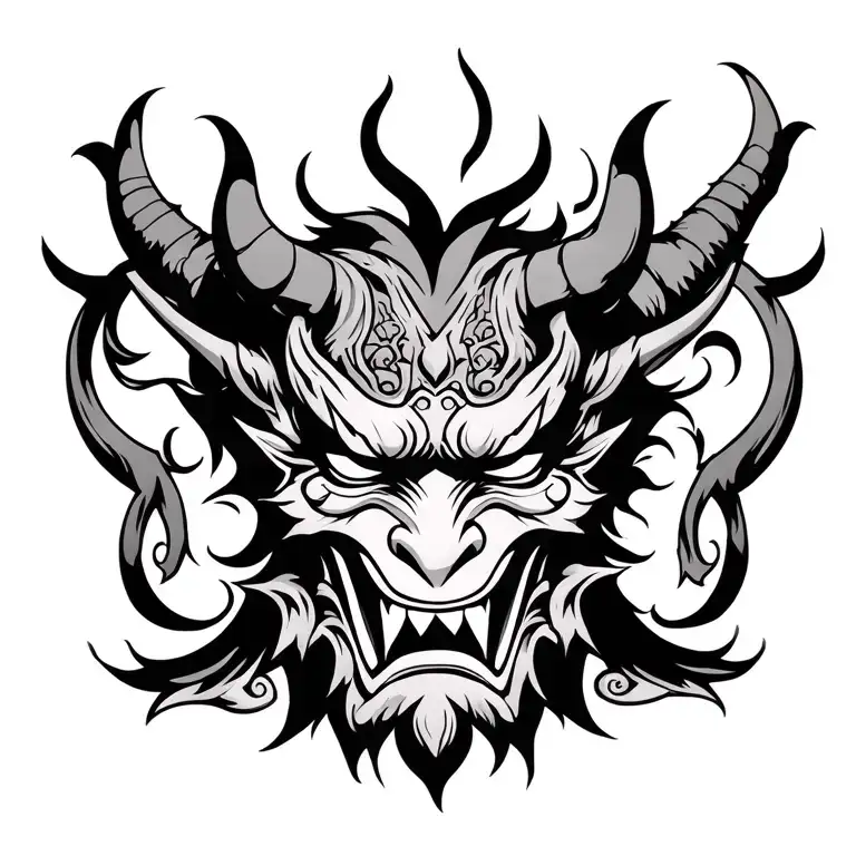Design a full black and grey Japanese tattoo, a Oni devil mask to be the main feature located centre of lower back, with tattoo design idea
