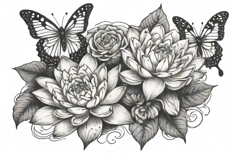 1 water lily between 2 rose with butterflies fluttering tattoo design idea