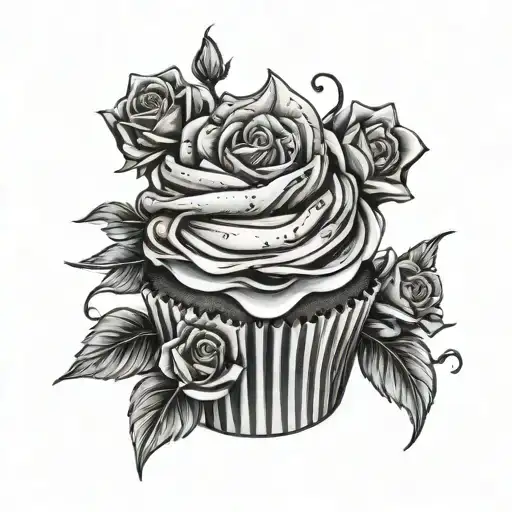 Gothic cupcake with black roses blooming tattoo design idea