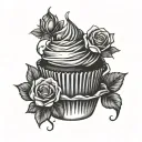 Gothic cupcake with black roses blooming tattoo design idea