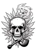 A skull smoking a ceremonial pipe, surrounded by swirling smoke and weed tattoo design idea