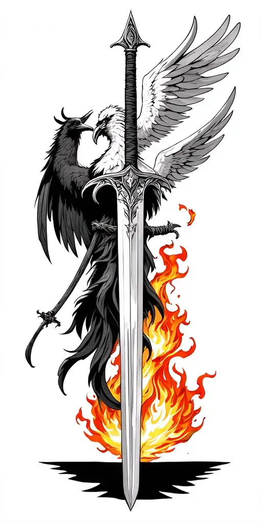 sword and a phoenix with discipline symbolism, fire, and a black angel suffering tattoo design idea