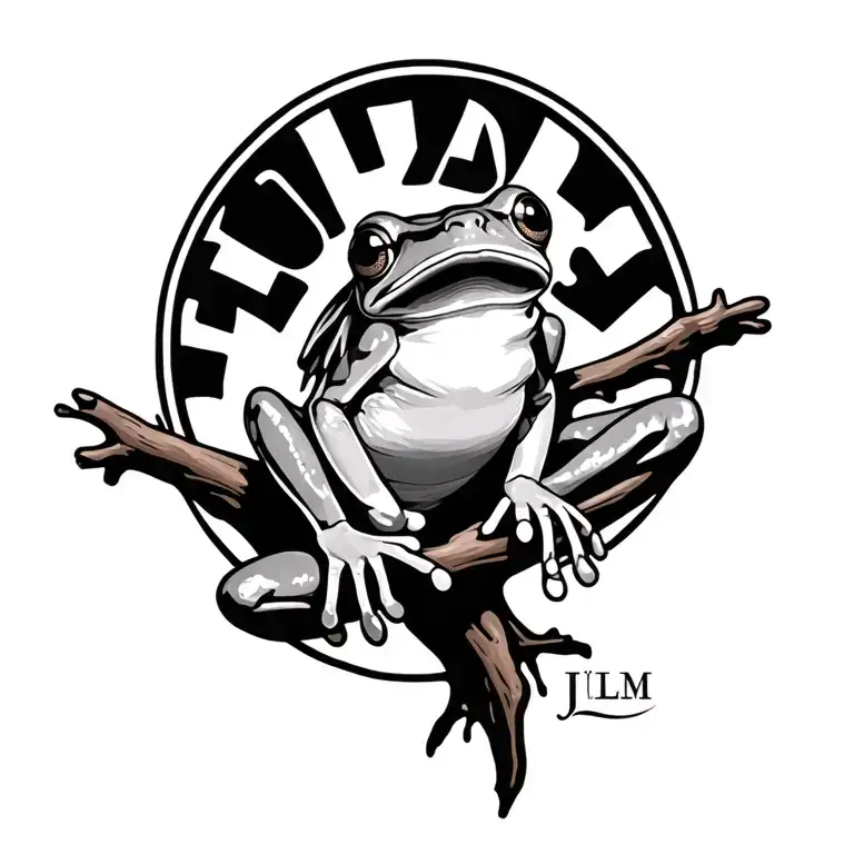 Tree frog hanging on a branch that has JLM initialed  tattoo design idea