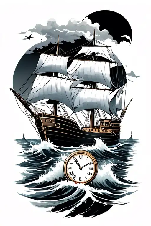 ocean with clipper ship and time s h calligraphy tattoo design idea