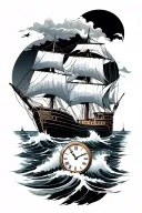 ocean with clipper ship and time s h calligraphy tattoo design idea