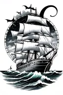 ocean with clipper ship and time s h calligraphy tattoo design idea
