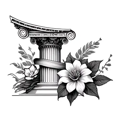 Tattoo design combining Greek mythology elements and photography objects. A classical Greek column wrapped with film ree tattoo design idea