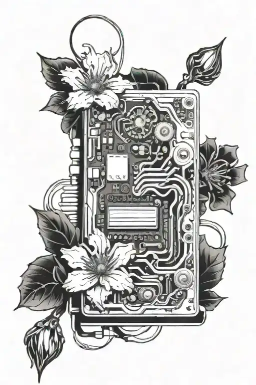 computer, circuit board, flowers wrapped tattoo design idea