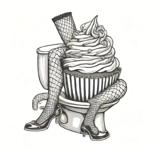 cupcake with legs of a women wearing fishnet stockings sitting in the toilet  tattoo design idea