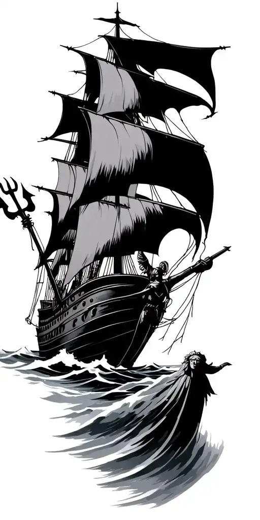 ship sailing through stormy Poseidon holding a trident tattoo design idea