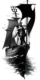 ship sailing through stormy Poseidon holding a trident tattoo design idea