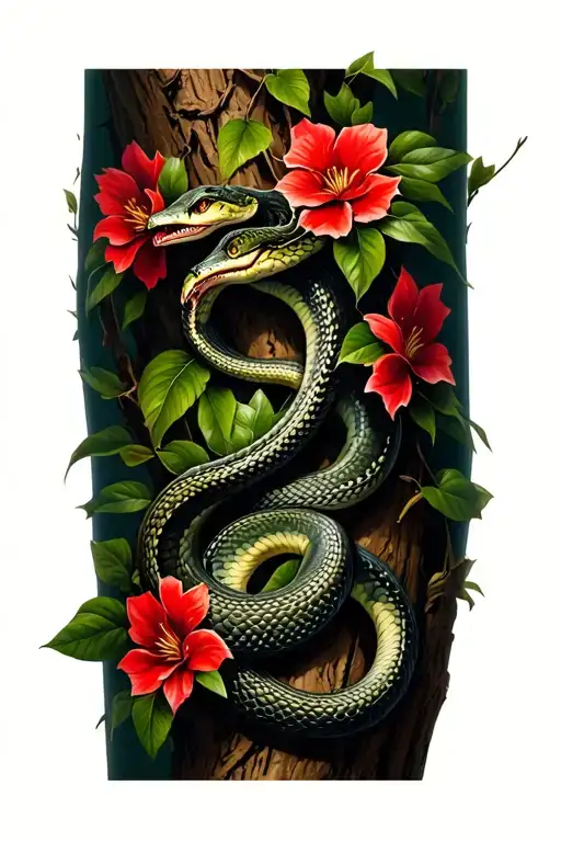 Forearm tattoo. Snake wrapped around a tree branch with red flowers. Fully shaded tattoo design idea