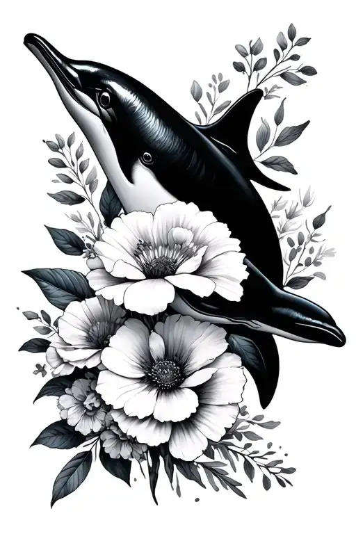dolphin and january birth flower bouquet tattoo design idea