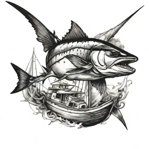 marlin and boat tattoo design idea