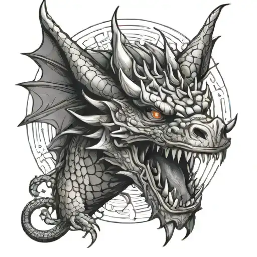 aggressive full bodied dragon frontal with geometric background realistic tattoo design idea