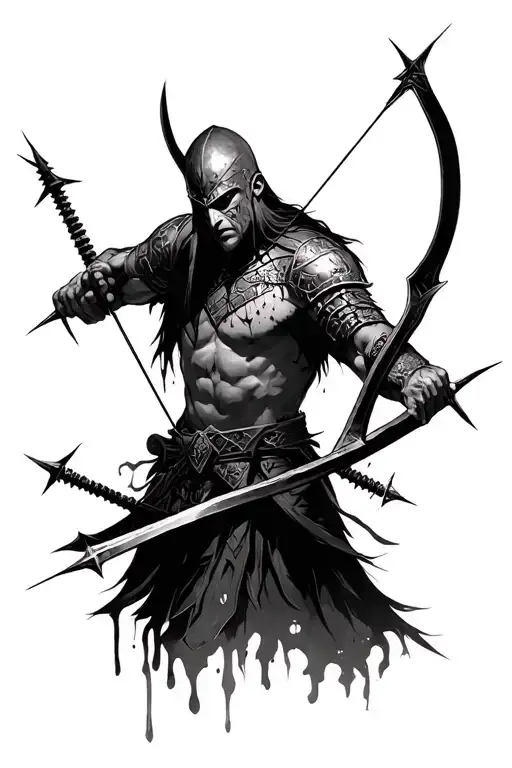 a warrior who receives stab wounds and arrows from bows, and while bleeding is still alive tattoo design idea