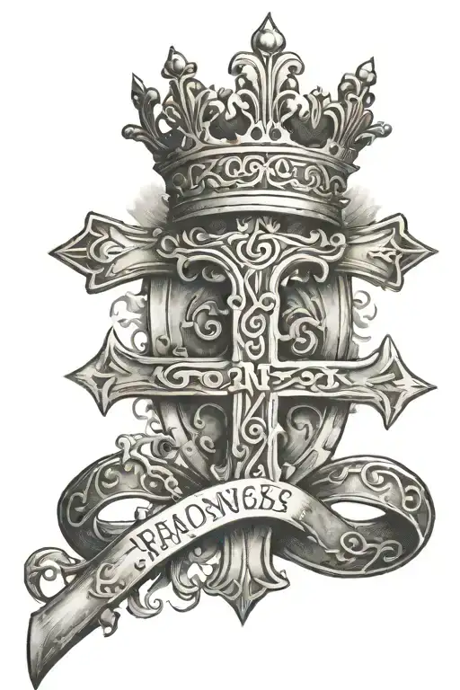 Cross with Romans 8:11 underneath of it with a crown tattoo design idea