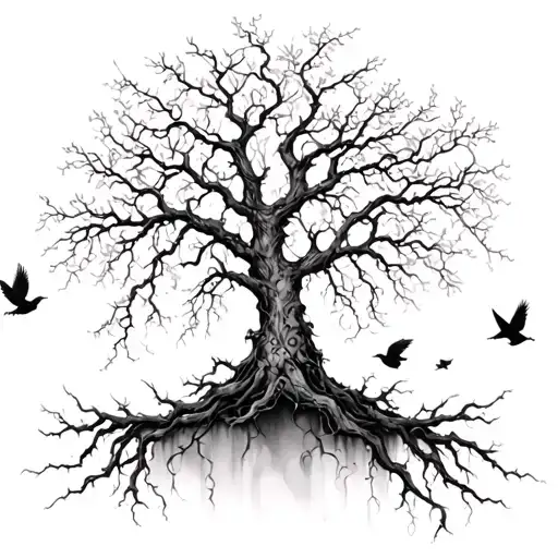 A poison tree with vines hanging around it and birds flying away from it tattoo design idea