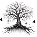 A poison tree with vines hanging around it and birds flying away from it tattoo design idea