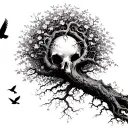 A poison tree with vines hanging around it and birds flying away from it tattoo design idea