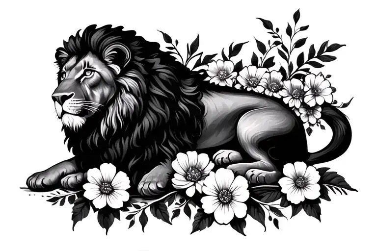 lion laying on flowers intertwined tattoo design idea