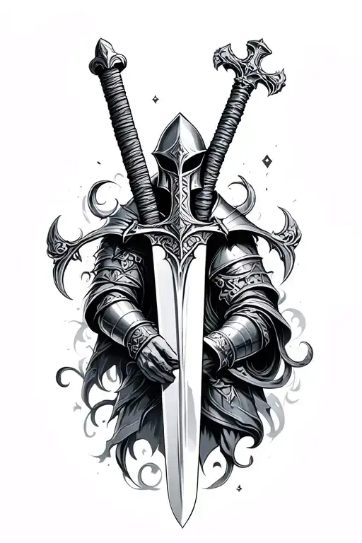 Sword and fallen knight - gothic-fantasy theme arm sleeve tattoo design idea